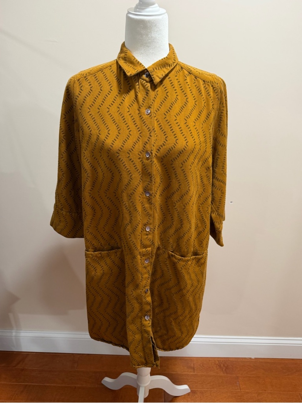 Gudrun Sjoden Yellow Brown Cotton Button Down 3/4 Sleeve Dress Pockets Sz. M